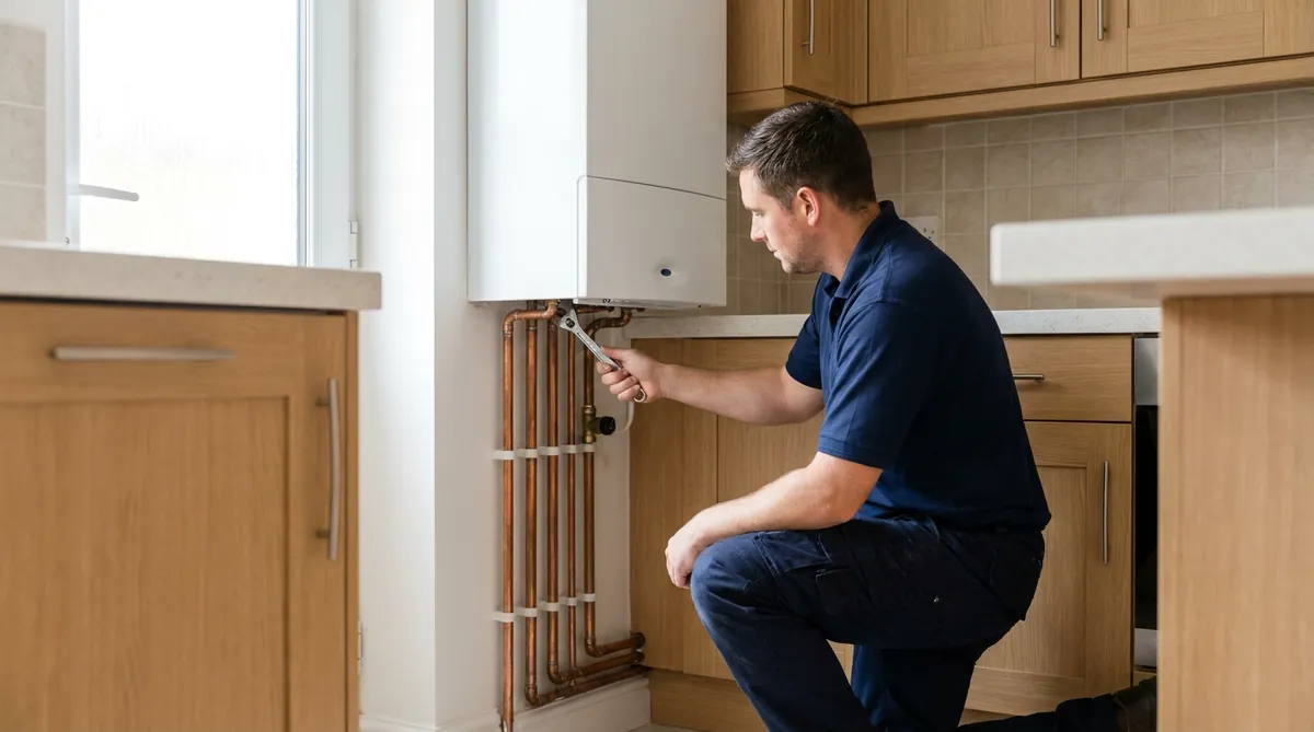 Modern combi boiler being installed in a kitchen