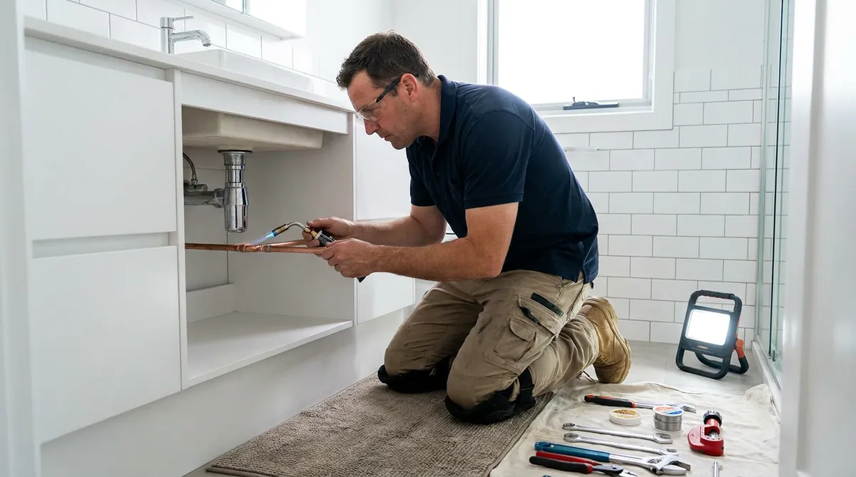 Plumber repairing copper pipework under a sink